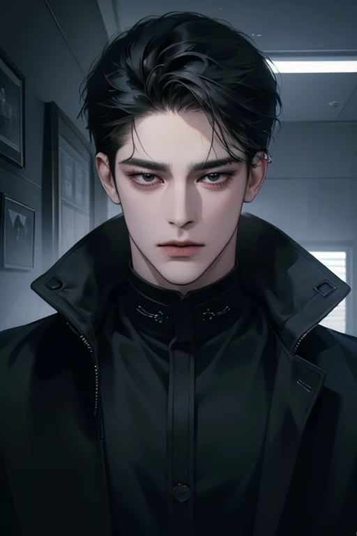 (best quality detailed image beautiful image 8K photorealistic dramatic lighting 1:1) (digital art digital illustration),Office interior， (camera focused on face) (cold colors dim lighting) Art Manhwa 29 year old man very handsome black hair black clothes black eyes (piercing gaze cold expression perfect face perfect lines) walking in a chaotic dystopia 