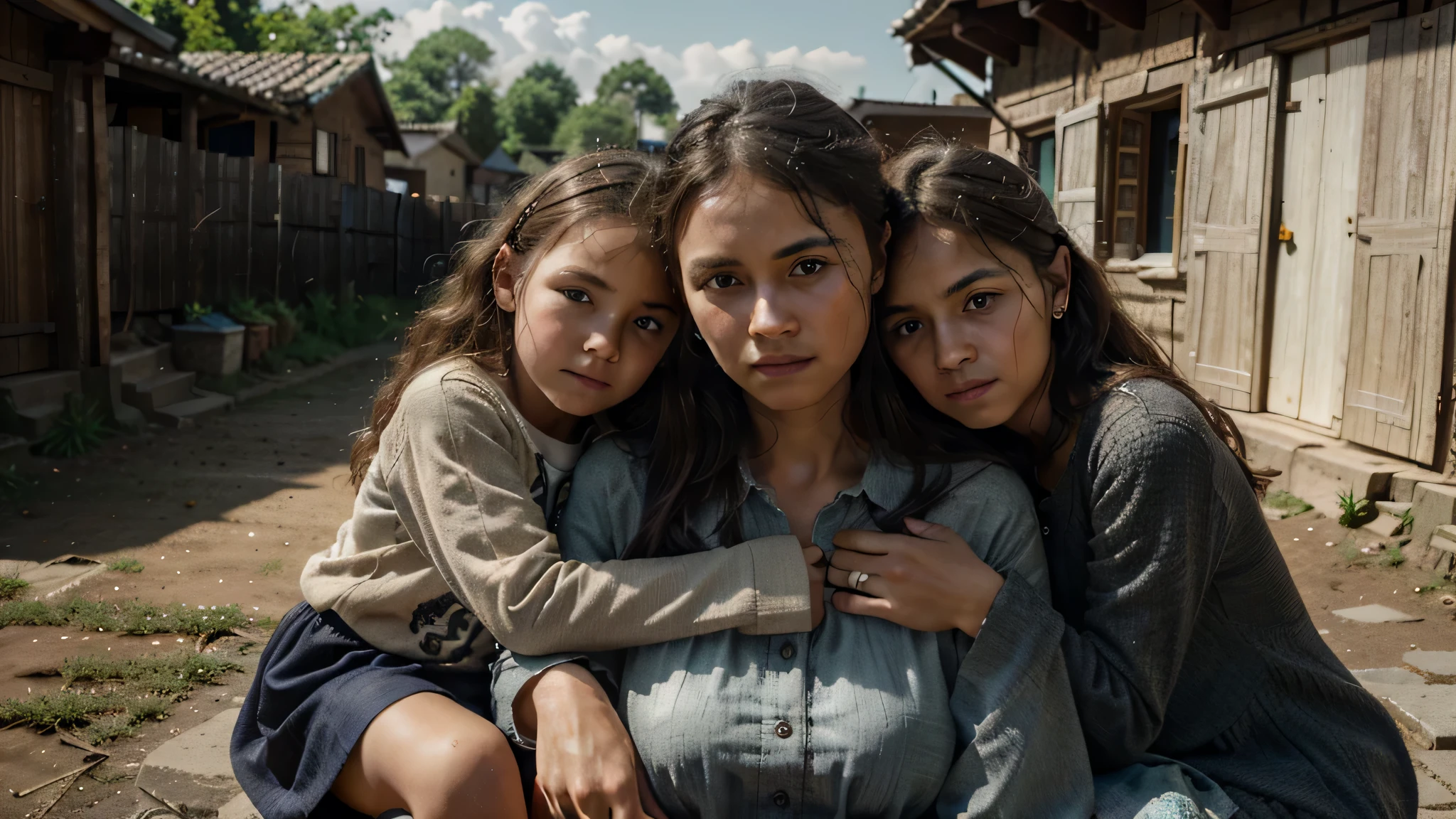 Poor people, kids, mom, village,  4k, ultra details, cinematic, high quality, best quality, photo-realistic, raw-photo, realistic, ultra realistic 8k cg, ultra-detailed, High definition, masterpiece, intricate details, detailed texture, finely detailed
