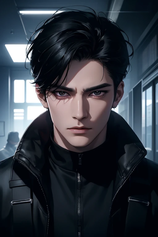 (best quality detailed image beautiful image 8K photorealistic dramatic lighting 1:1) (digital art digital illustration),Office interior, (camera focused on face) (cold colors dim lighting) Art Manhwa 29 year old man very handsome black hair black clothes black eyes (piercing gaze cold expression perfect face perfect lines) walking in a chaotic dystopia