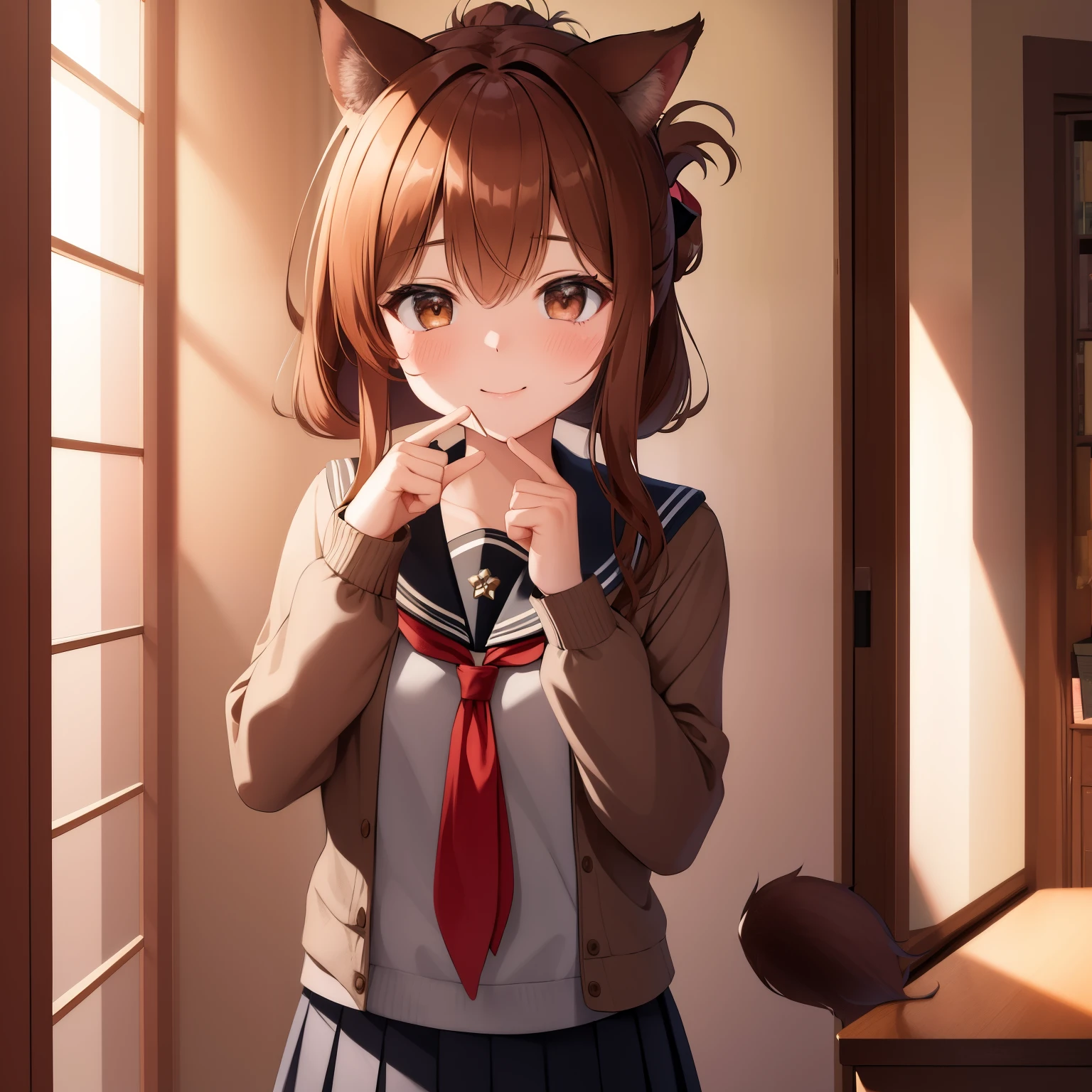 (masterpiece, best quality:1.2),illustration,8k,hd,1girl,solo,upper body,(portrait:1.2),brown_hair,folded_ponytail,brown_eyes,serafuku,long_hair,school_uniform,skirt,pleated_skirt,furry cat girl, body hair, Animal ears, tail, naked, looking at the person watching, smile, heart pose, Pink gothic room cute room, heart item, ribbon, star item, Are Standing, upper body, quiz, problem solving