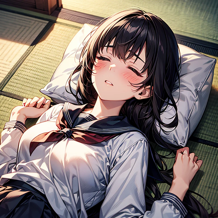 1girl, (solo), pretty girl, 18 years old, black hair, long hair, faint lips, blush, (embarrassed), large breasts, (serafuku),(black serafuku),long sleeve, (Japanese-style room), tatami, Shoji, lying, on back, pillow,((futon)) , comforter, put the the blanket on, closed eyes, parted lips, (looking up:1.0), sunset, dutch angle, best quality, detailed, high resolution