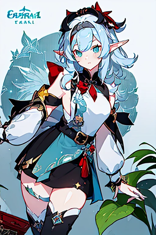 (Masterpiece)), (((better quality)), ((1 girl)), ((keys) ((elf ears))) Red hair + short and curly hair + long eyelashes + green eyes + soft and female features + average height + female body + thick thighs + medium chest + medium hips + defined body ((maid uniform: Chinese style, shorts, boots to the thigh, apron, long fabrics, sunflower accessories, tapes lowering of his belt, Honkai Star Rail)) ((clothing and accessories colors: white, black, silver, red wine, aquamarine and gray))