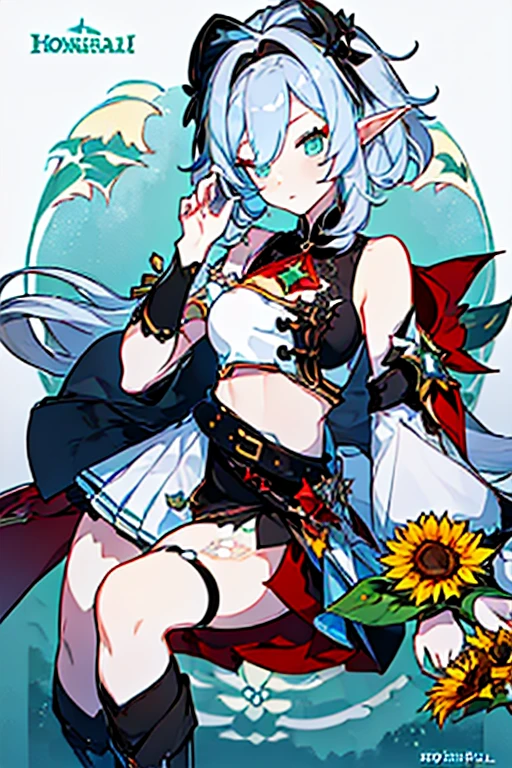 (Masterpiece)), (((better quality)), ((1 girl)), ((keys) ((elf ears))) Red hair + short and curly hair + long eyelashes + green eyes + soft and female features + average height + female body + thick thighs + medium chest + medium hips + defined body ((maid uniform: Chinese style, shorts, boots to the thigh, apron, long fabrics, sunflower accessories, tapes lowering of his belt, Honkai Star Rail)) ((clothing and accessories colors: white, black, silver, red wine, aquamarine and gray))