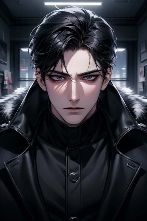 (best quality detailed image beautiful image 8K photorealistic dramatic lighting 1:1) (digital art digital illustration),Office interior, (camera focused on face) (cold colors dim lighting) Art Manhwa 29 year old man very handsome black hair black clothes black eyes (piercing gaze cold expression perfect face perfect lines) walking in a chaotic dystopia
