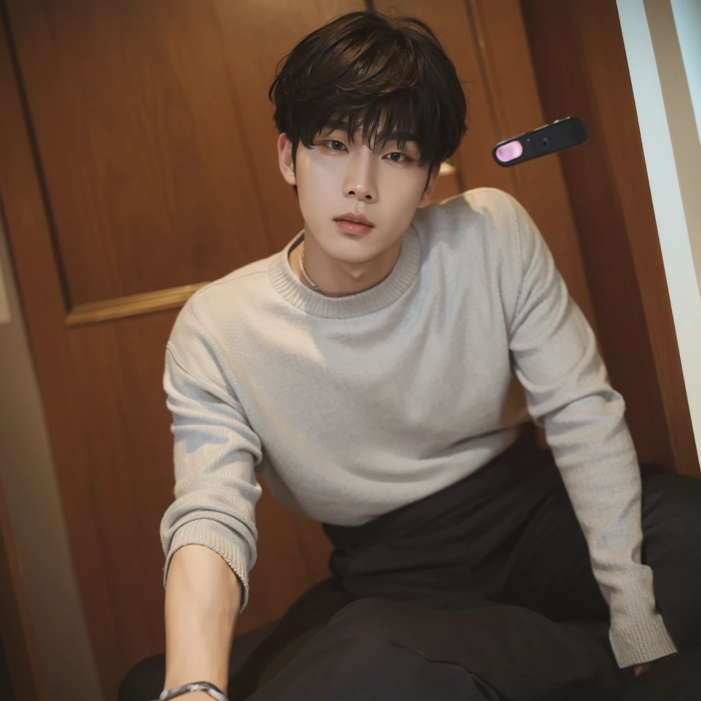 A photorealistic korean handsome guy that wears a pullover from a selfie perspective. He looks very real and his skin also looks real. He is in a dark room. 8k. Real dark background, selfie perspective