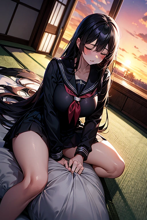 1girl, solo, pretty girl, 18 years old, black hair, long hair, faint lips, blush, (embarrassed), large breasts, (serafuku),(black serafuku),long sleeve, (Japanese-style room), tatami, Shoji, lying, on back, pillow,((futon)) , comforter, put the the blanket on, closed eyes, parted lips, (looking up:1.0), sunset, dutch angle, best quality, detailed, high resolution