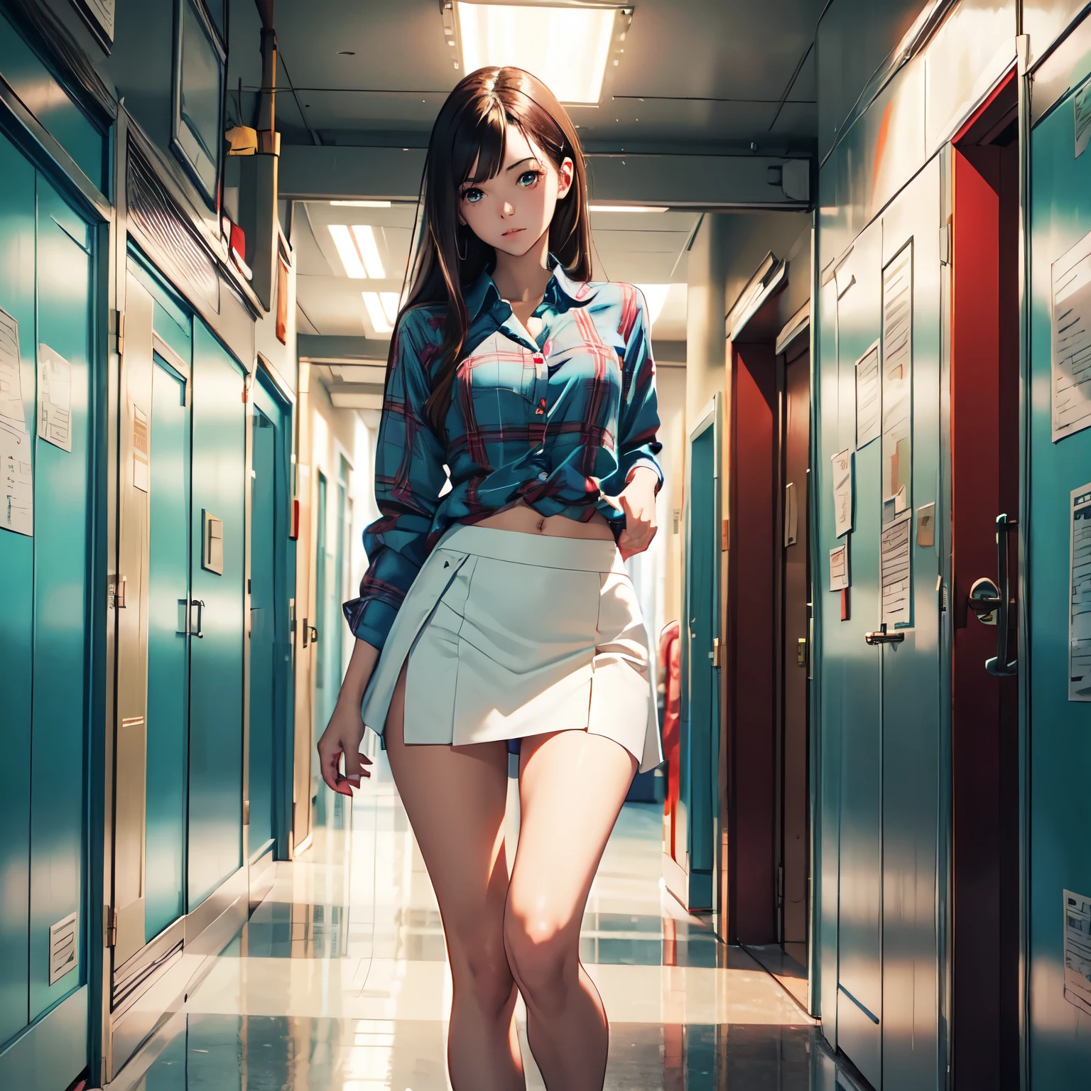 the Extremely Detailed CG Unity 8K Wallpapers、top-quality、ultra-detailliert、masterpiece、realisitic、Photo Real、extremely detailed cute girl、25-years old、((skirt lift by yourself)))、(lifted by self)、Sheer panties、panties focus、red blush、cparted lips、looking at the viewers、A big smile、Semi-body shot、(crowd)、(Crowded school)、short-hair、Bust B cup、Female genitalia are visible --auto