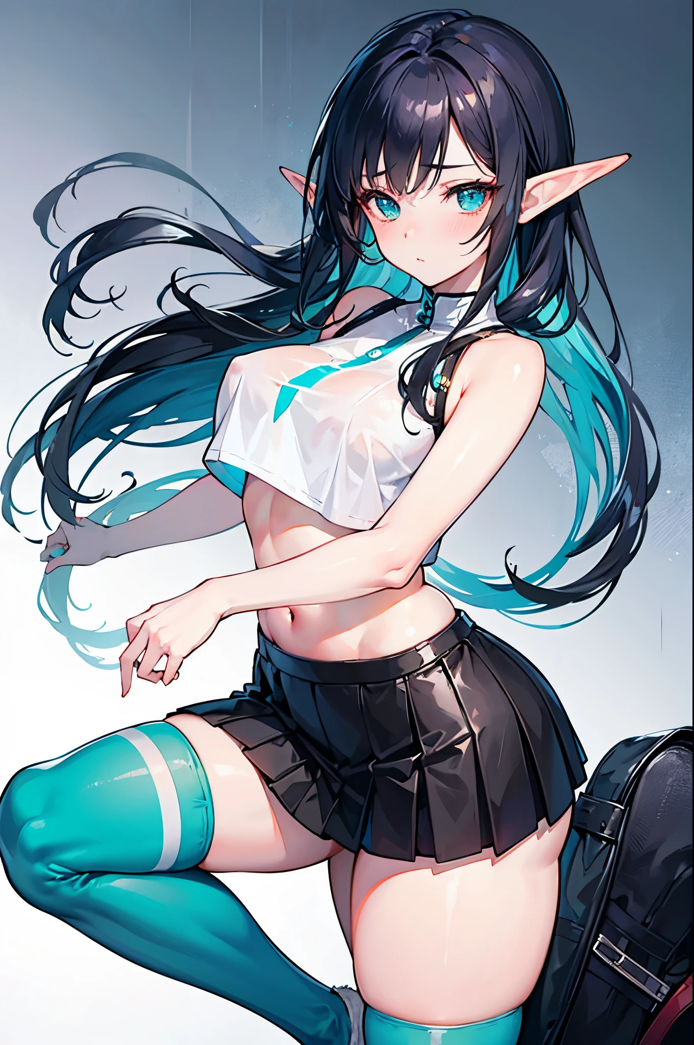 Detail image, realistic image, 1 elf. She has turquoise eyes with and long black hair, she has a delicate oval face, medium breasts and a curvy body, thick thighs. she is blushing, She is wearing a crop top, tight pleated mini skirt, moccasins slippers. Ambient light. Volumetric Light