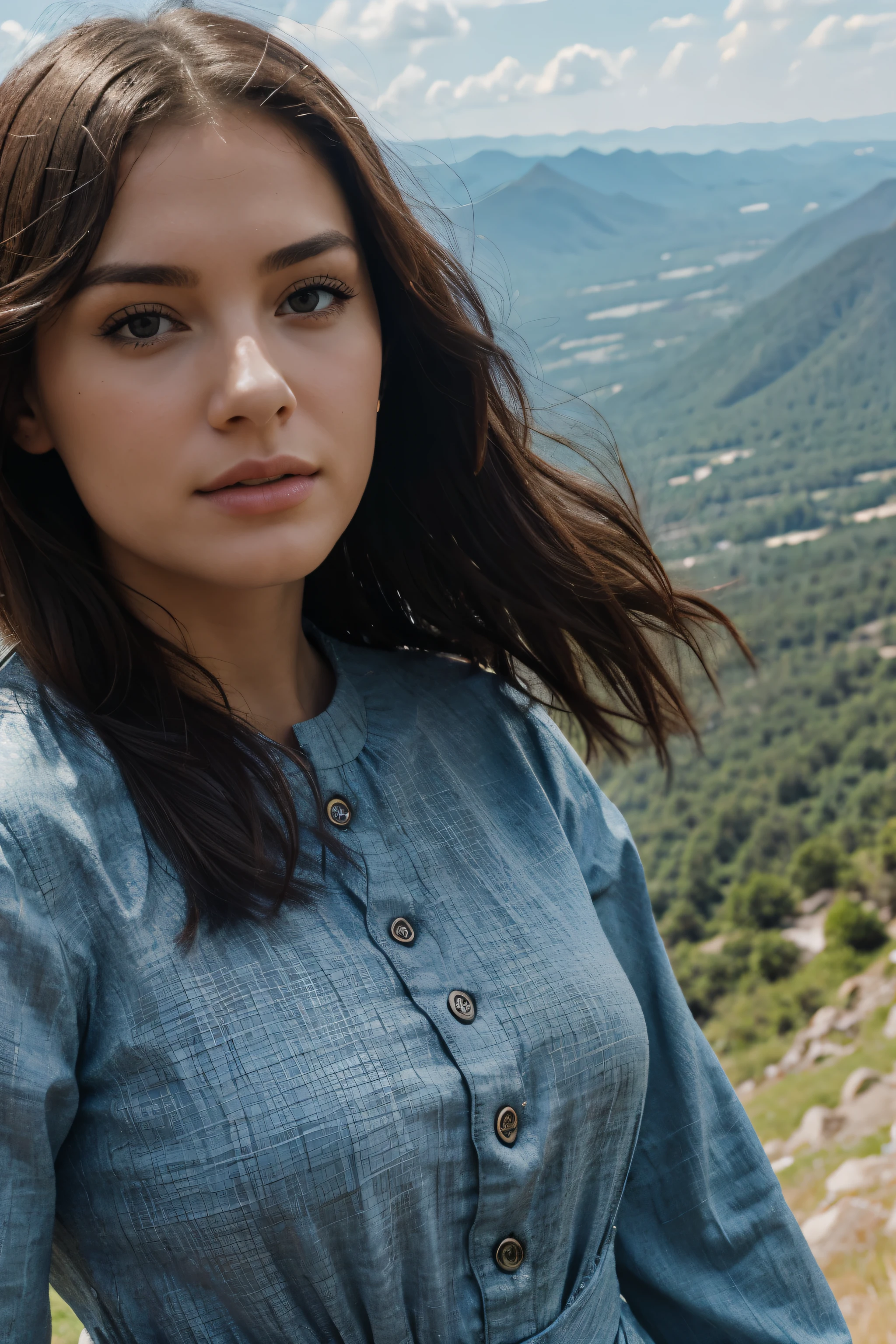 realistic woman sbeautiufl face, misterious, with dress, at mountain, high quality face