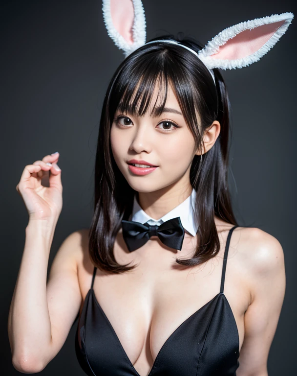 Black Bunny Girl Costume Enamel material Big Breasts Protruding nipples Looking into the camera Professional Lighting Images taken with a high-resolution camera Hawaii Streetscape