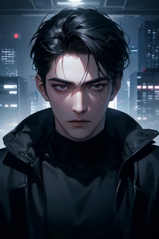 (best quality detailed image beautiful image 8K photorealistic dramatic lighting 1:1) (digital art digital illustration),Office interior， (camera focused on face) (cold colors dim lighting) Art Manhwa 29 year old man very handsome black hair black clothes black eyes (piercing gaze cold expression perfect face perfect lines) walking in a chaotic dystopia 