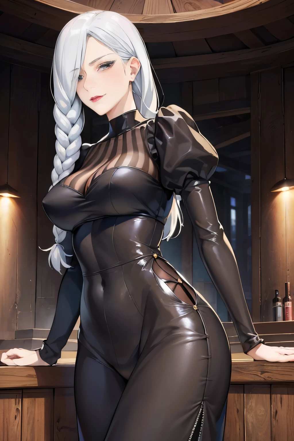 (Masterpiece:1.2, high quality), (pixiv:1.4), (1girl:1.2), (solo:1.2), (smile:0.8), meimeidef, white hair, hair over one eye, brown eyes, (detailwd eyes), dark eyeshadow, eyelashes, (detailed face), pale red lips, make-up, glossy lips, black dress, puffy sleeves, long sleeves, (perfectly round breasts:1.2), cleavage, slim waist, body curves, bent forward, wide hips, ultra-detailed, 4k, 8k, HD, 1080, (absurdres:1.2), vivid colors, aesthetic indoors  intrinsic details, dim lighting,  high contrast, professional photography, wooden temple background, wooden wall, view from below, looking away, looking away from viewer