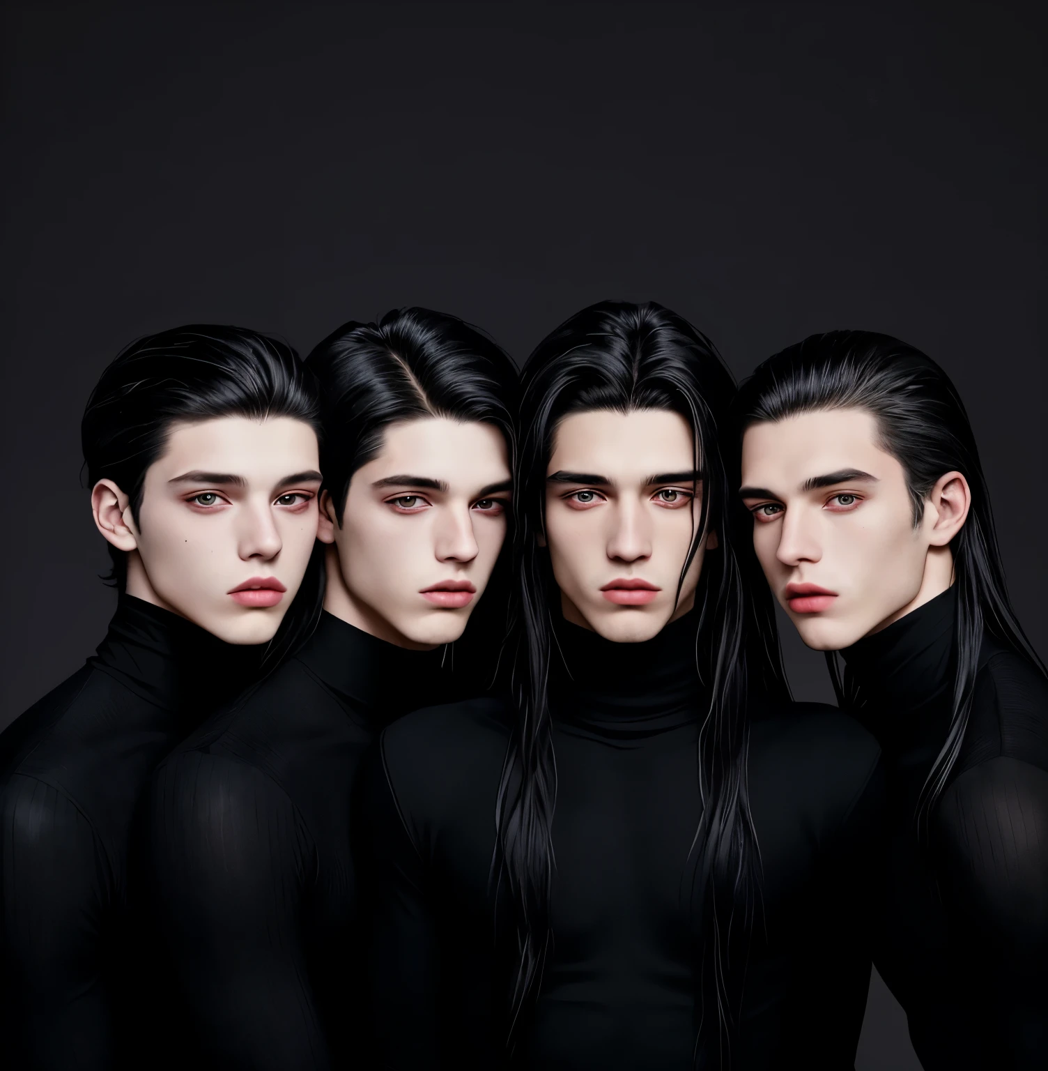 4 boys, each of them is 20 years old, one of them has long hair, and all four boys have black hair, beautiful, they are wearing black turtlenecks and long sleeves, close-up on the bust and face, photo shoot, fashion editorial, fashion style, editorial.
