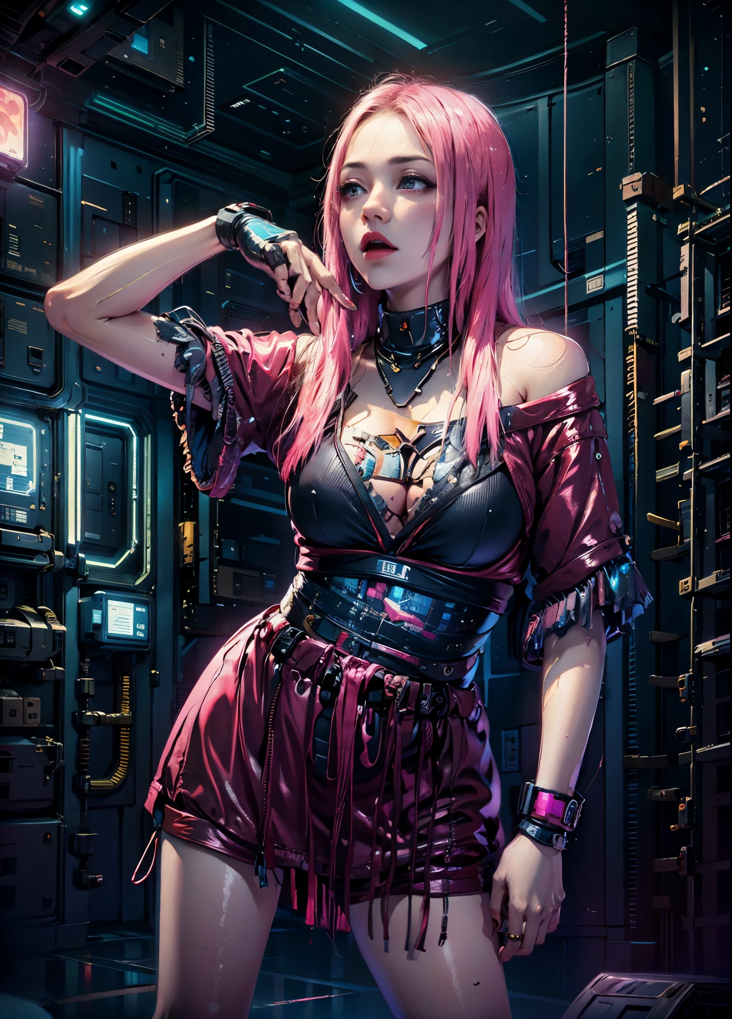 (masterpiece,best quality,ultra detailed),HD,highres,vibrant color,refined details,profesional photograph,high-quality rendering,vibrant neon,BREAK,expressive eyes,detailed eyes,perfect face,perfect anatomy,detailed fingers,BREAK,beautiful,solo,e-girl,red lips,blonde hair,(gradient hair,pink hair),slender figure,(busty breast),BREAK,off shoulder,short sleeves,bare legs,(cleavage),BREAK,cyberpunk outfit streetwear,techwear,short skirt,fingerless gloves,necklace,arm band,neon trim,BREAK,cyberpunk room,neon light,vibrant neon,dystopia,futuristic