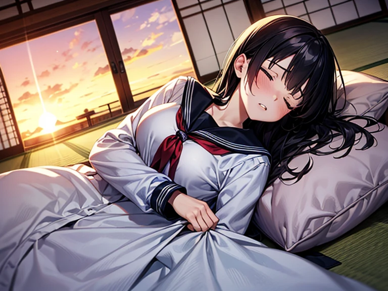 1girl, solo, pretty girl, 18 years old, black hair, long hair, faint lips, blush, (embarrassed), large breasts, (serafuku),(black serafuku),long sleeve, (Japanese-style room), tatami, Shoji, lying, on back, pillow,((futon)) , comforter, put the the blanket on, closed eyes, parted lips, (looking up:1.0), sunset, dutch angle, best quality, detailed, high resolution