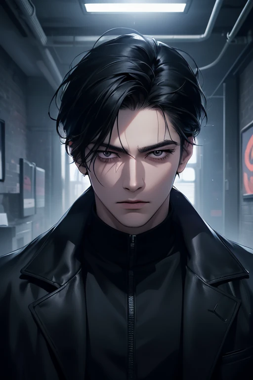 (best quality detailed image beautiful image 8K photorealistic dramatic lighting 1:1) (digital art digital illustration),Office interior， (camera focused on face) (cold colors dim lighting) Art Manhwa 29 year old man very handsome black hair black clothes black eyes (piercing gaze cold expression perfect face perfect lines) walking in a chaotic dystopia 