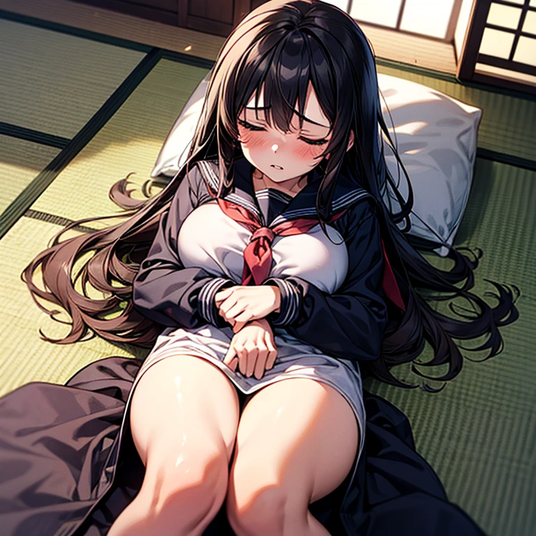 1girl, solo, pretty girl, 18 years old, black hair, long hair, faint lips, blush, (embarrassed), large breasts, (serafuku),(black serafuku),long sleeve, (Japanese-style room), tatami, Shoji, lying, on back, pillow,((futon)) , comforter, put the the blanket on, closed eyes, parted lips, (looking up:1.0), sunset, dutch angle, best quality, detailed, high resolution