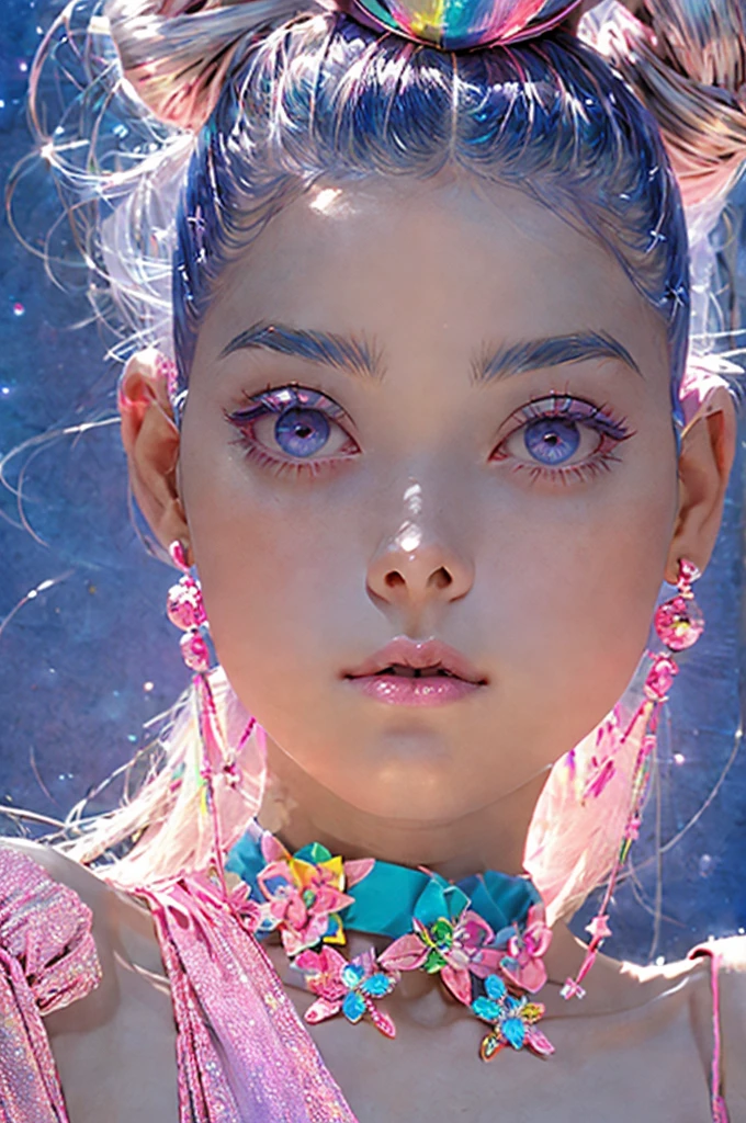 16 years girl,adorable,(High Top Fade:1.3),Two bun heads in blue and pink.,tema rosa,ojos de color azul,Tonos relajantes,colores brillantes,alto contraste,(textura natural de la piel,realismo ultrarrealista,la luz suave,afilado)