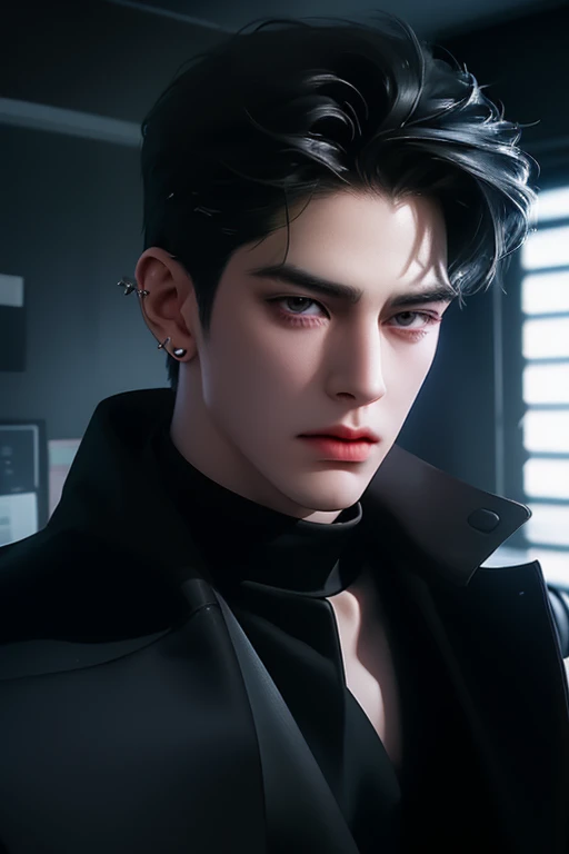 (best quality detailed image beautiful image 8K photorealistic dramatic lighting 1:1) (digital art digital illustration),Office interior, (camera focused on face) (cold colors dim lighting) Art Manhwa 29 year old man very handsome black hair black clothes black eyes (piercing gaze cold expression perfect face perfect lines) walking in a chaotic dystopia
