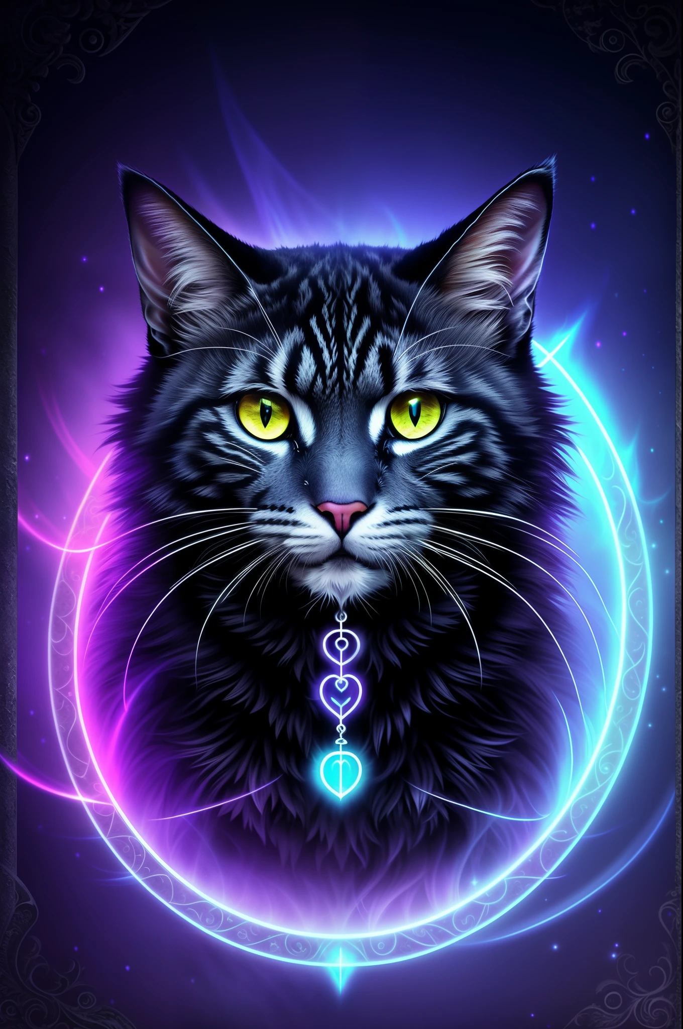 A mystical necromancer cat, (mythical creature:1.1), (curious expression:1.3), (sinister aura:1.2), hdr, (glowing eyes:1.4), cinematic shot, shrouded in darkness, mysterious haze, shadowy, (intricate patterns:1.2), fur adorned with runes and symbols, ancient and wise, (detailed whiskers:1.3), conjuring spirits with a wave of its paw, Ultra-Realistic, (Hyperdetailed:1.1), enchanted wand in hand, a masterpiece of digital art, spectral aura, mystical, other
