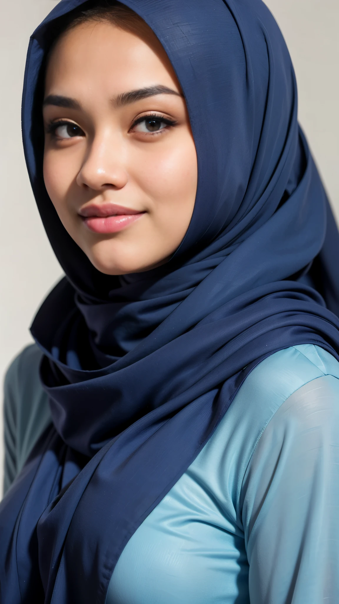 1 malay girl , modern plain hijab, shy, medium portrait shot , watery eyes ,lip watery, lip glossy, open mounth, big breast, 1 Malay girl, modern plain hijab, shy, medium portrait, watery eyes, RAW, Best quality, high resolution, masterpiece: 1.3), beautiful Malay woman in hijap:0.8),perfect nose,perfect lips, perfect eyes, detail :1.2), beautifull face, soft smile,Beautiful woman wearing a hijap, a woman in a blue dress and a blue scarf, hijab, moles under the eyes, Beutifull girl, lovely smile, lovely woman, with lovely look, with a beautifull smile, cute beautiful,((close up))