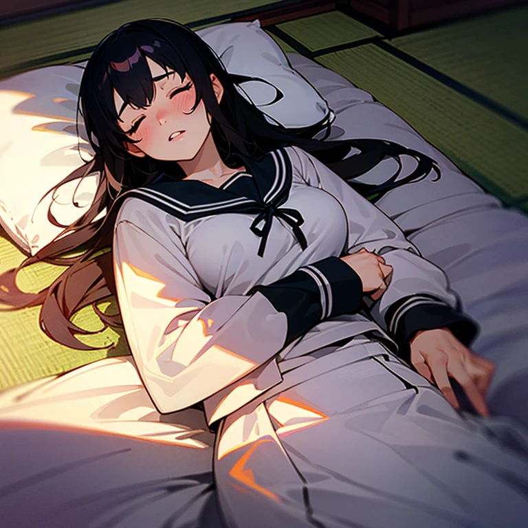 1girl, solo, pretty girl, 18 years old, black hair, long hair, faint lips, blush, (embarrassed), large breasts, (serafuku),(black serafuku),long sleeve, (Japanese-style room), tatami, Shoji, lying, on back, pillow,((futon)) , comforter, put the the blanket on, closed eyes, parted lips, (looking up:1.0), sunset, dutch angle, best quality, detailed, high resolution