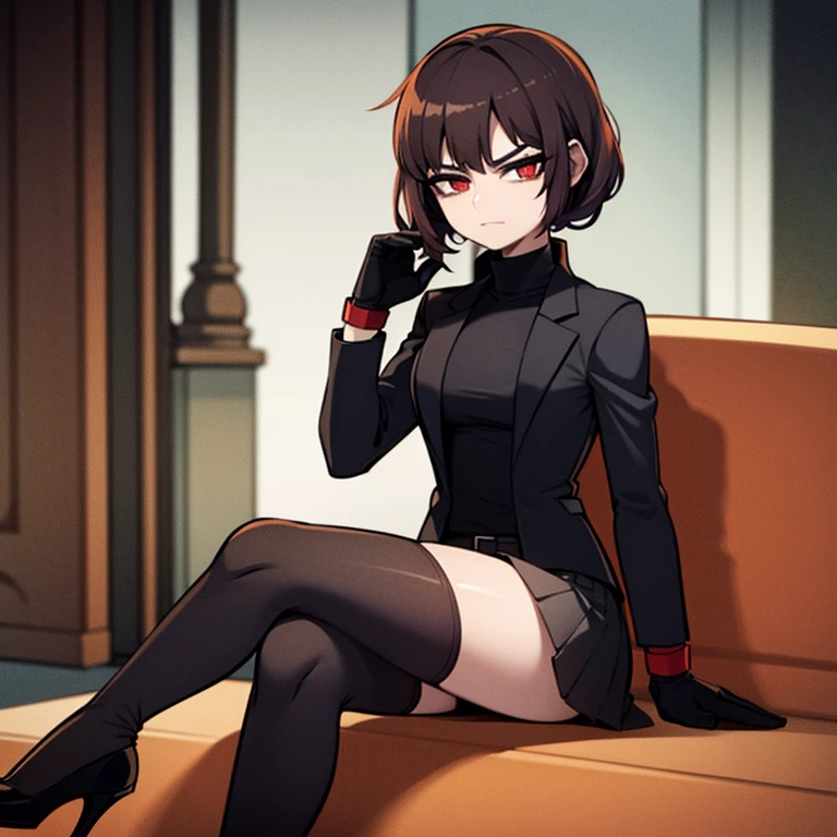 Young woman, 23 years old, red eyes, short brown hair, wearing a black blazer, a black turtleneck, black gloves, a black short skirt, black tights abd black high heels and a black headband in her hair, sitting on a couch in a appartement