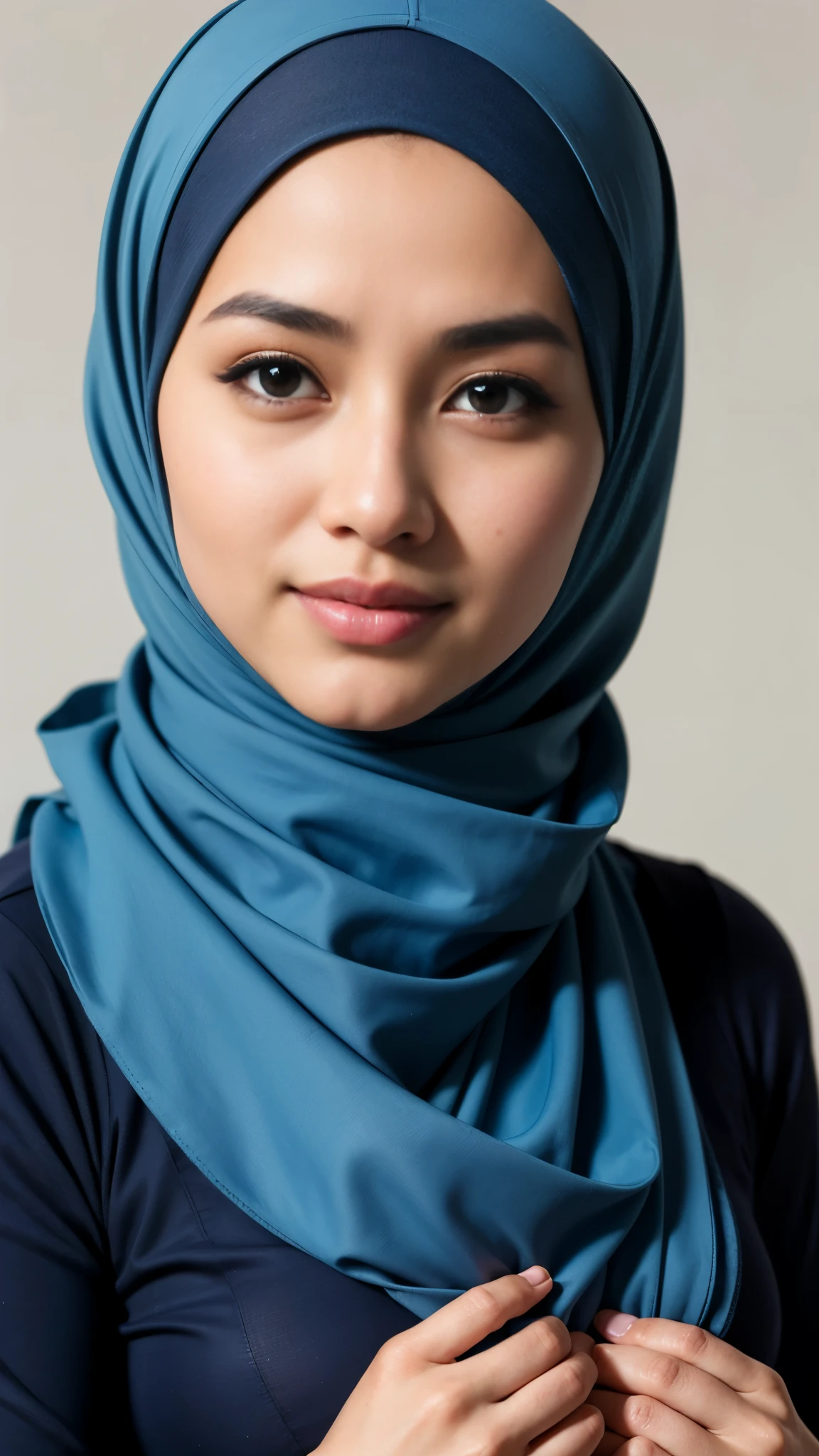 RAW, Best quality, high resolution, Masterpiece: 1.3), Beautiful Malay woman in hijab, Masterpiece, Perfect slim body, (Big breasts), Beautiful big eyes, Soft smile, Wearing a long, fine knit turtleneck t-shirt,Hair tie, morning walk, City park, Good lighting, Bright colors, Clean linesclose up image of a Malay woman wearing a hijap in a white shirt and blue shawl, wearing a white hijab, wearing a blouse with white sleeves, clear curved details, a seamless white tights suit, open chest v shirt, open jacket wide cleavage, the shirt is touching, beautiful design, close photo up half body, close up photo, attractive feminine curves, wearing a shirt, hijab, revealing clothes