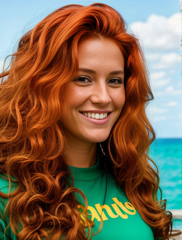 Realistic portrayal:1.2, photorealistic, 8k, Sam from Totally Spies! long slightly wavy orange hair (big hair, big volume), emerald green eyes and fair skin; smiling,wearing rainbow denim outfits, wide-angle shot, high-angle shot
