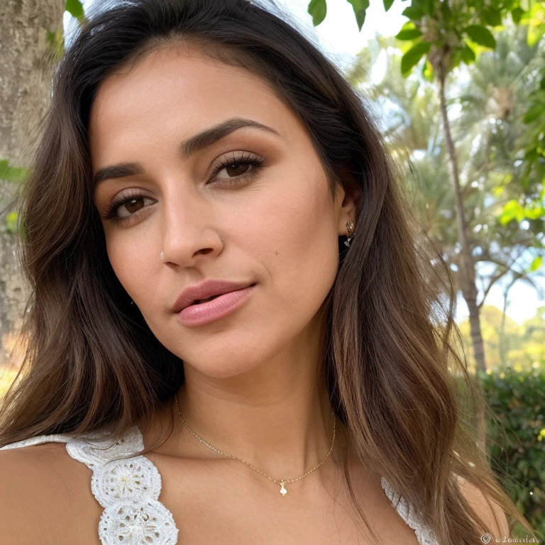 ((melhor qualidade)), ((obra de arte)),)(((detalhado))) , rosto perfeito (( ultra realista)) ((meia idade)) ((33 anos)) Very beautiful brunette with striking Latin Spanish features and long black hair, olhos verdes claros grandes e brilhantes lindos, dressed in a light floral dress in the European summer in Spain taking a selfie ((sozinho)) ((mulher))) The woman's sweet face is ((((altamente detalhado, com recursos realistas e suaves, swollen lips.)))) The woman's stunning eyes are beautifully detailed, with realistic shading and multiple colors and high resolution.Garantir que o rosto da mulher, cabelo, and the eyes are perfect. realismo, encantadora, encantadora, 8k, Contrata, .CGI, Pintura digital, unidade, motor irreal, (((parte mestre))), elegante, altamente detalhado, majestoso, fotografia digital, Arte de Artgerm e Ruan Jia e Greg Rutkowski, (parte mestre, belos olhos finamente detalhados: 1.2), HDR, textura de pele realista, (((1mulher))), (((sozinho))), Inclua um rosto altamente detalhado, Rosto extremamente detalhado, e fundo interessante.