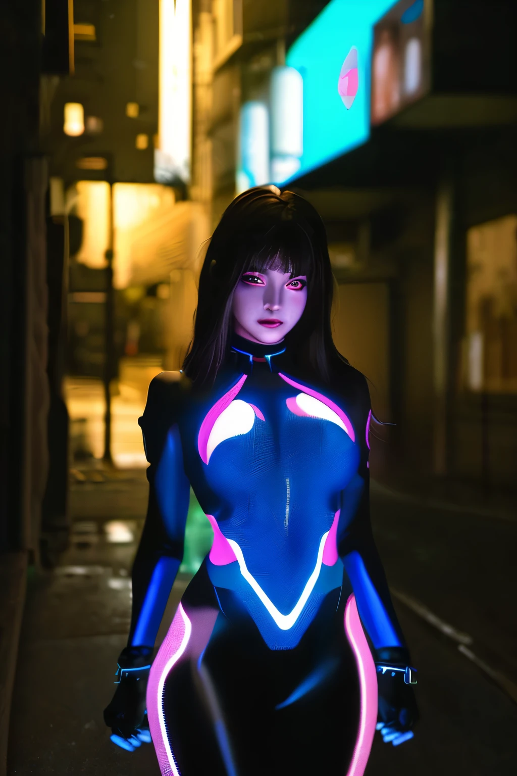 
(best quality, highres:1.2), ultra-detailed, (realistic:1.37) A sexy tron girl, vibrant holographic colors, with glowing lines tracing her curves. (futuristic, cyberpunk) vibe, light projections highlighting her sleek metallic suit, (electric blue) and (neon purple) illuminating her luminous figure. She confidently strikes (strong, fierce, powerful) fighting poses, showcasing her agility and strength. (bright, sharp) eyes pierce through the darkness, (sparkling, mesmerizing) with intensity and determination. Her (luscious, glossy) lips, radiating a (subtle, seductive) smile, hint at her playful yet fierce nature. The background is a (dystopian, futuristic) cityscape filled with towering skyscrapers, (reflecting off the wet streets, adorned with holographic billboards) casting an (eerie, vibrant) glow. Strategically positioned (light beams, spotlights), (accentuating, illuminating) her silhouette, draw attention to her captivating presence. The painting style is a mix of (digital illustration, digital painting), combining (photo-realistic) details with (stylized, sleek) elements. The entire scene bathes in a (cool, neon) color palette, with (bright, contrasting) hues adding depth and interest. The lighting is (dynamic, dramatic), casting (shadows, highlights) that bring depth and dimension to the tron girl and the surroundings.