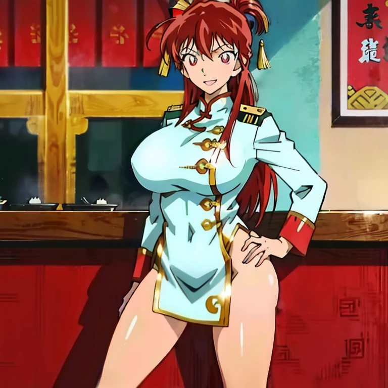 official art,anime screen cap、Super thin illustration、 High resolution, muste piece, best quality,best quality,high quality, detailed, thighs, Foots, (red hair、:1.2)、 shiny hair, (Chinese style dress cosplay uniform suit), cool pose, (厚いthighs、big ass、very huge breasts),(((bar)))、grinning grin、ultra fine painting, (best quality, In 4K, 8K, High resolution, muste piece:1.2),Gintama、Kagura