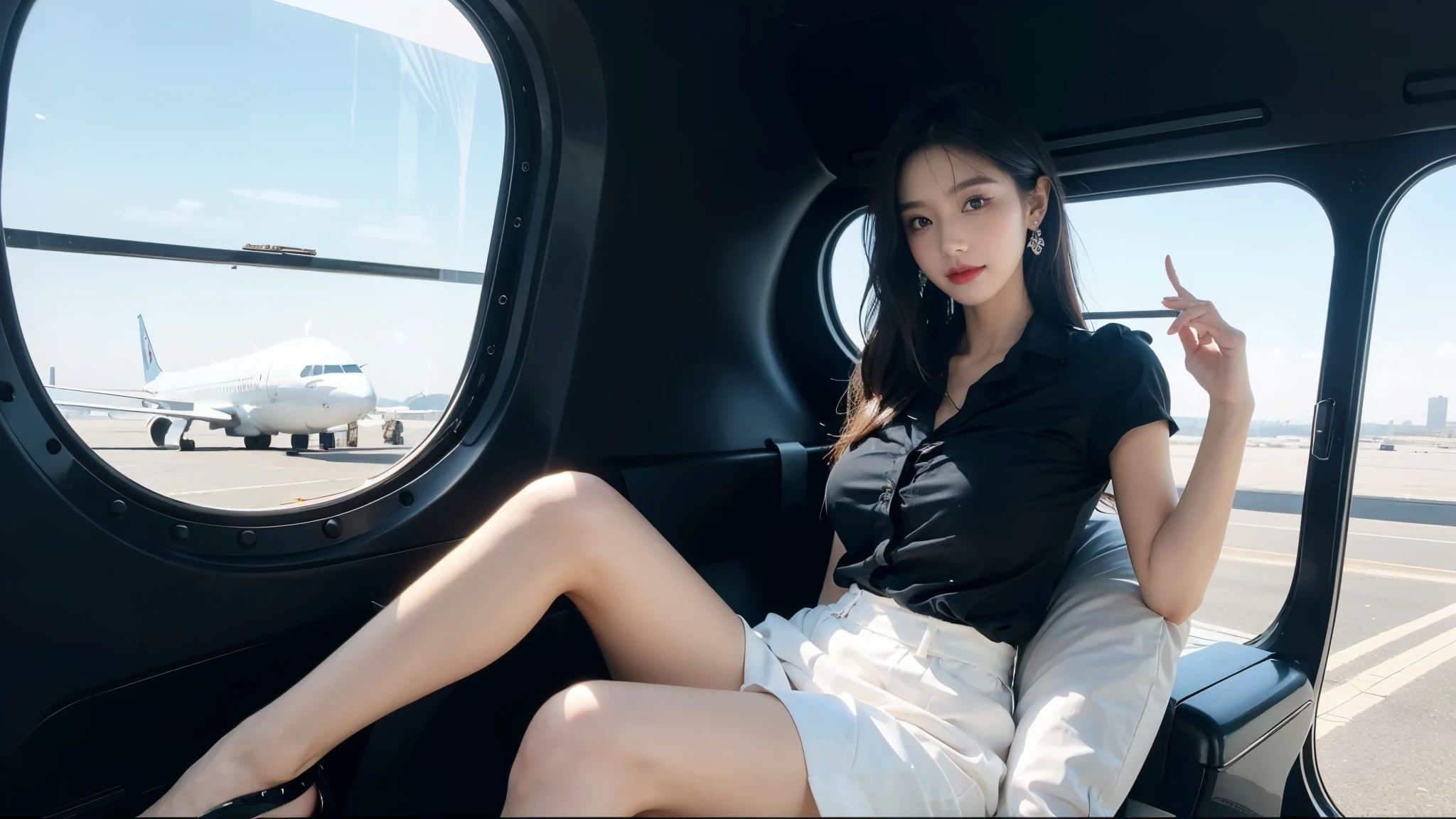 （masterpiece:1.2）,(8K high quality), (highest quality), (RAW image quality), (realistic), (realistic:1.37),long eyelashes,（Live-action realistic style),realistic light and shadow,best portrait, 1-Girl,highly detailed skin,(double eyelid face), (realism: 1.4),((full body image)) ,delicate and beautiful face,,woman around 25 years old,(beautiful face 1.4),straight hair length,,(lipstick,beautiful earrings),((Taken at the airport)),(stewardess uniform,)),(Stewardess in uniform),,(3/4 length),Shoot from the front,,Close-up photography,((sitting inside the airport,please show me your pants)),,(((Look at the audience and smile),、((wearing a stewardess uniform)),(smile at the viewer without opening your mouth),（Sit with your legs open）,（（Sit in front of the viewer））,sit with legs apart,Sit with your legs apart in front of the viewer,I can see bikini pants,Open your legs and show me your crotch,（sit with legs wide apart）,Please show your crotch to the viewer,（bra exposure,I can see the cleavage）,spread your legs wide in front of the audience,shot at low angle,Wearing bikini panties,（It's a lovely smile,make eye contact with the audience）,place your hands behind your back
