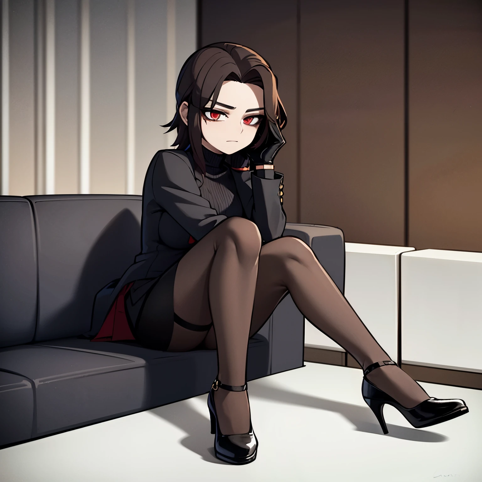 Young woman, 23 years old, red eyes, short brown hair, wearing a black blazer, a black turtleneck, black gloves, a black short skirt, black tights abd black high heels and a black headband in her hair, sitting on a couch in a appartement