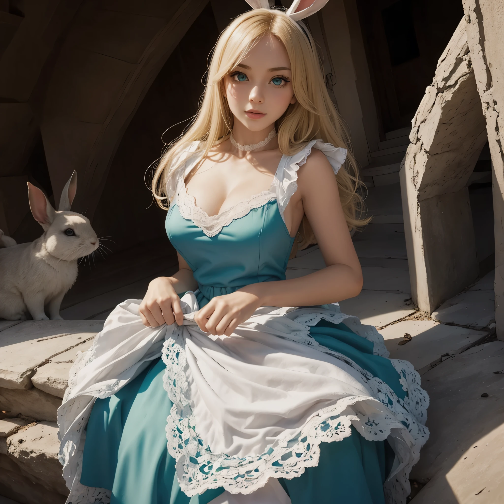 Blonde girl with Alice in Wonderland dress, green eyes, lace dress. the rabbit and the mad hatter at his side. Super sexy, big . Big ass. neckline. torn dress. Erotic art, sexy image