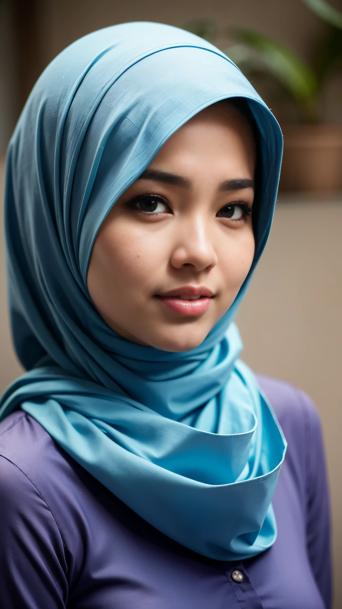 1 malay girl , modern plain hijab, shy, medium portrait shot , watery eyes ,lip watery, lip glossy, open mounth, big breast, 1 Malay girl, modern plain hijab, shy, medium portrait, watery eyes, RAW, Best quality, high resolution, masterpiece: 1.3), beautiful Malay woman in hijap:0.8),perfect nose,perfect lips, perfect eyes, detail :1.2), beautifull face, soft smile,Beautiful woman wearing a hijap, a woman in a blue dress and a blue scarf, hijab, moles under the eyes, Beutifull girl, lovely smile, lovely woman, with lovely look, with a beautifull smile, cute beautiful,((close up))