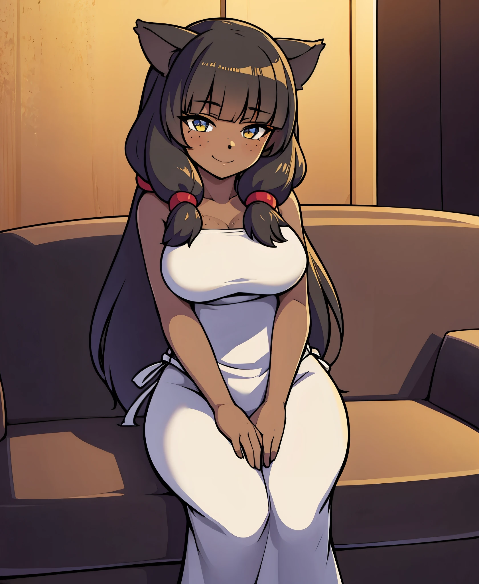 1girl, dark skin, smile, cat ears, bangs, long hair, freckles