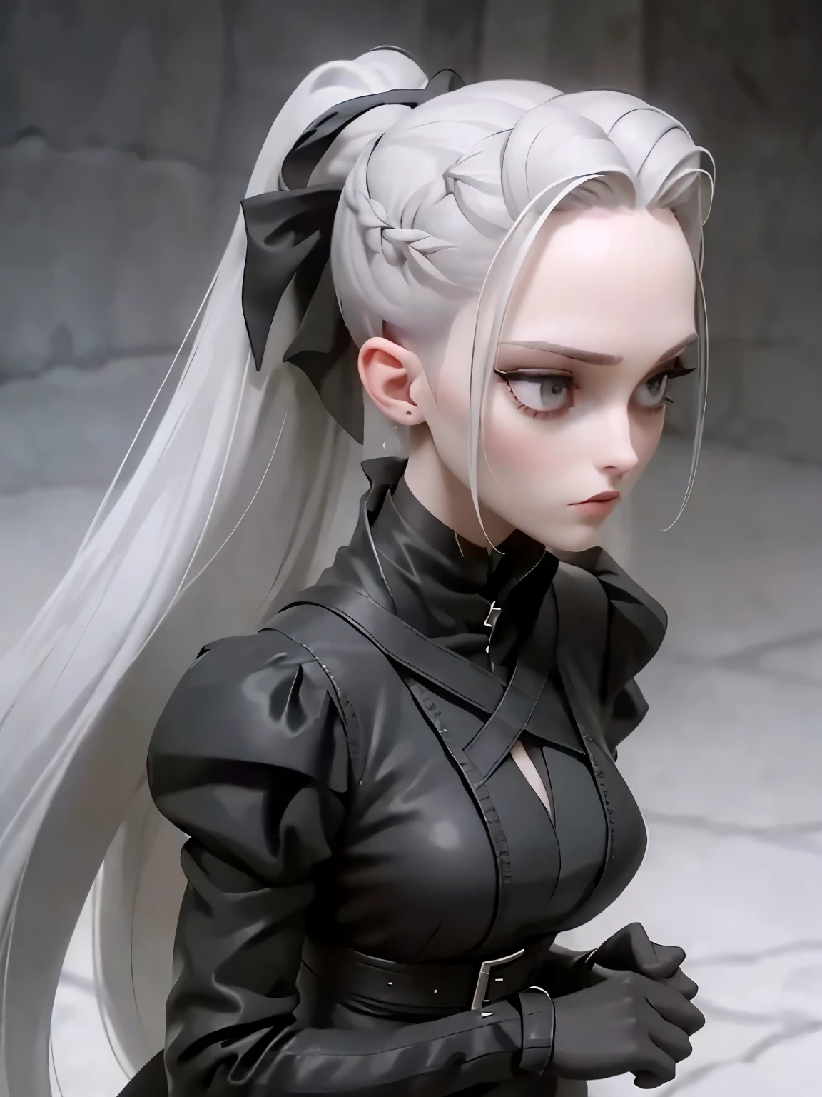 Cassandra is a tall young woman with an athletic build and pale skin., gray eyes and white hair, braided into a high ponytail with many small braids. She has two long strands of hair on the sides of her face and long asymmetrical bangs on the left side..
Wearing a dark gray shirt, black leather gloves, dark belt, on which she carries a purse and dagger, dark gray and black striped leggings and black high boots.
