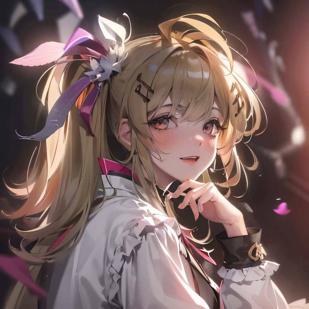 (masterpiece), 8k cg, stunningly beautiful girl, intricate details, chromatic aberration, ((bust shot)), ((looking at viewer)), 1girl, Kanade Otonose, (KanadeBase, ahoge, hair ribbon, musical note hair ornament, white jacket, brown dress, bow, black thighighs, thigh strap), Dynamic, extremely beautiful and delicate portrait, cute face, wide smile, joyful, soft cheeks, blush, makeup, absurdres, cinematic lighting, dynamic lighting, fantasy, ((dark background, fog))