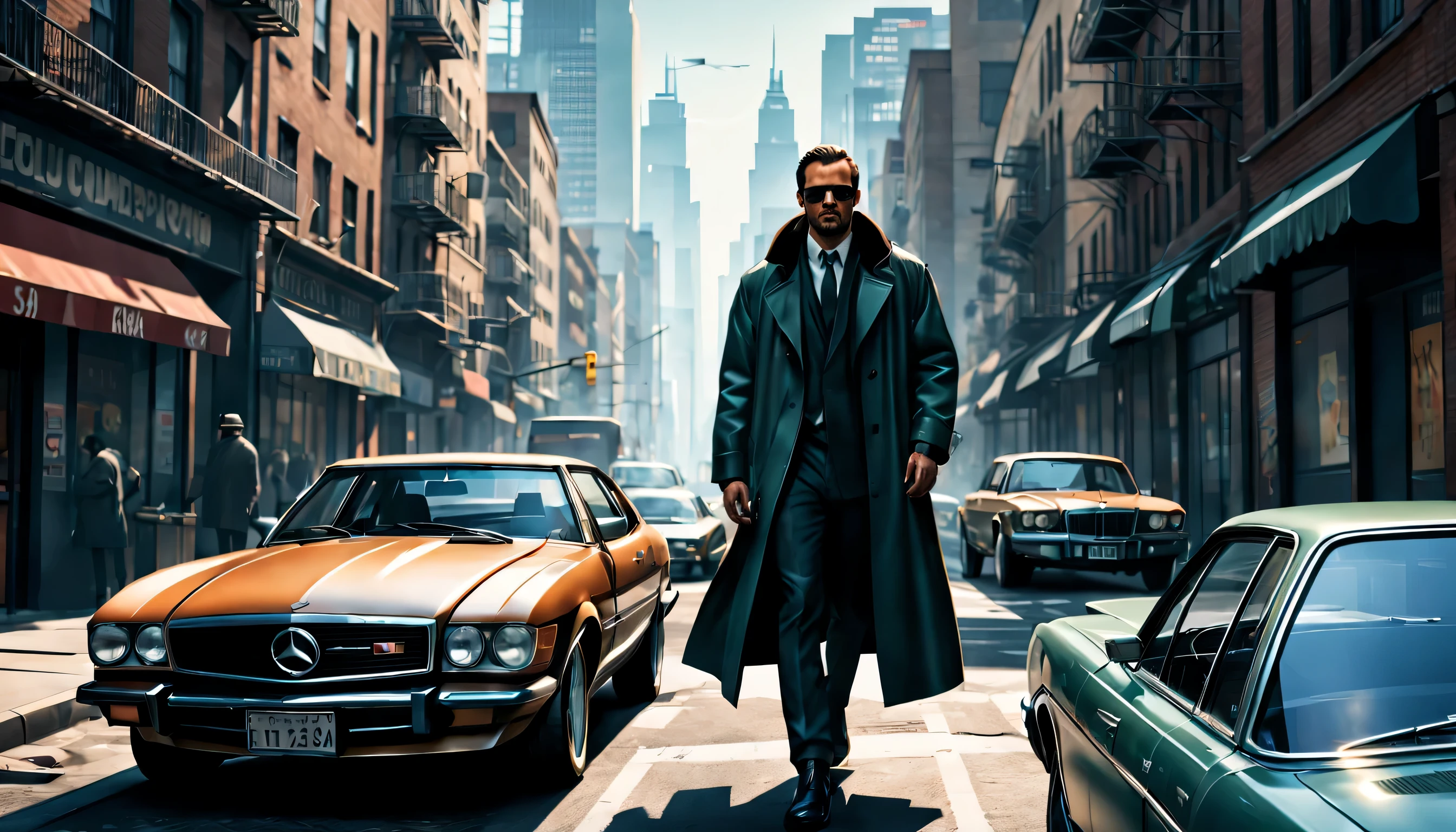 GTA style,chumbo masculino,Stylish accessories、shotgun、wind coat,sun glasses,The Car,Future city streets,retro artstyle,shadows and highlights,hight contrast,crime and danger、Tension and suspense、avant-garde and ralowing reflections、glomy、evocative composition。(best quality,4k,8k,highres,masterpiece:1.2),ultra-detailed,(realistic,photorealistic,photo-realistic:1.37)
