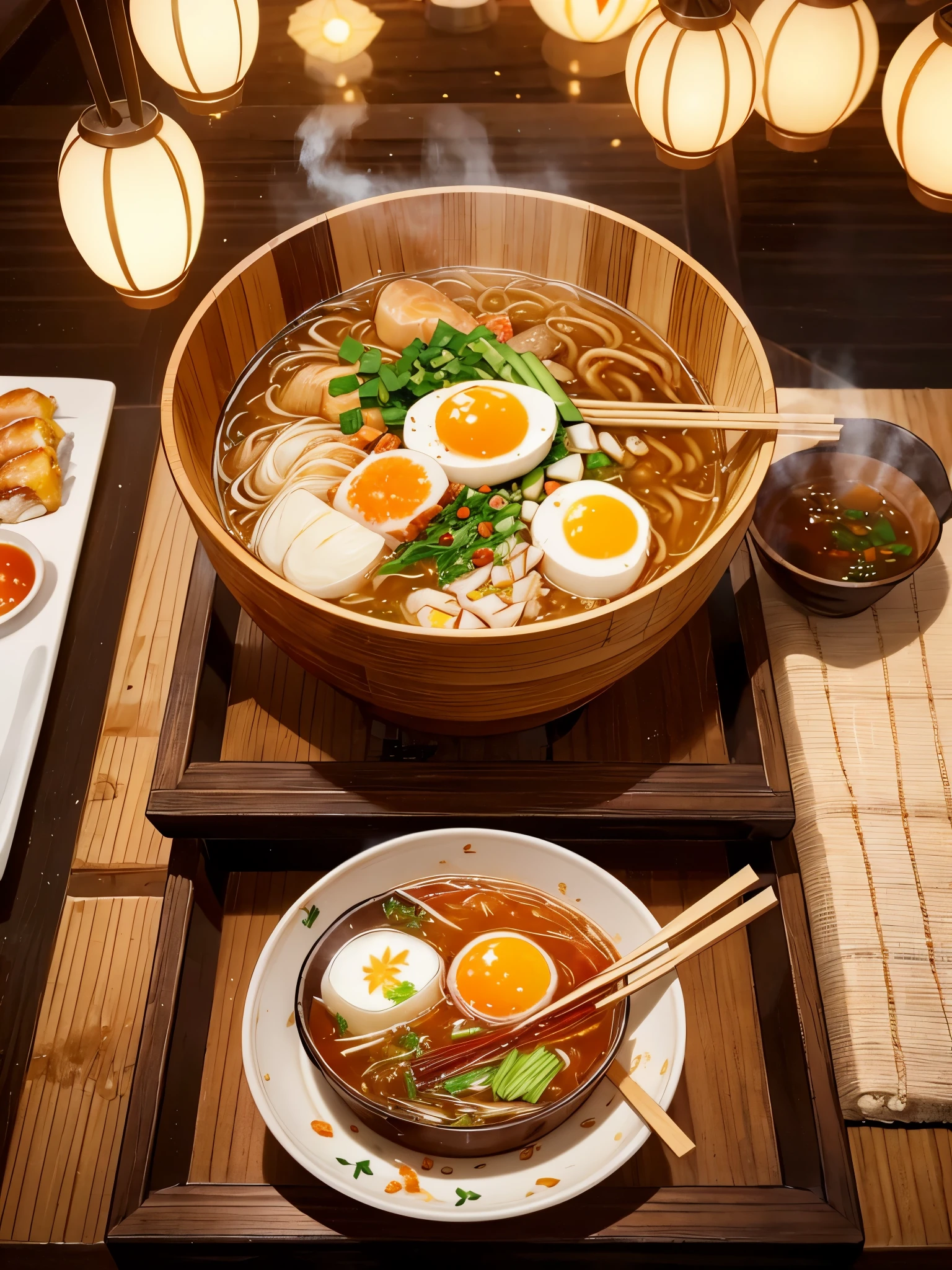 Masterpiece, top quality, 4K UHD,
slurping,
Cozy Japanese kitchen, steaming hot ramen bowl, solo, hungry, delight, savory, slurping sounds, steam rising, chopsticks, rice noodles, toppings: green onions, bamboo shoots, pork belly, boiled egg, narutomaki
late autumn, orange leaves, autumn sun, rustic table, wooden chopsticks, wooden bowl
ramen alley, street food, steaming pots, busy chef, diners, paper lanterns, folding fans, traditional Japanese atmosphere. --auto --s2
Masterpiece, high res, ramen stand