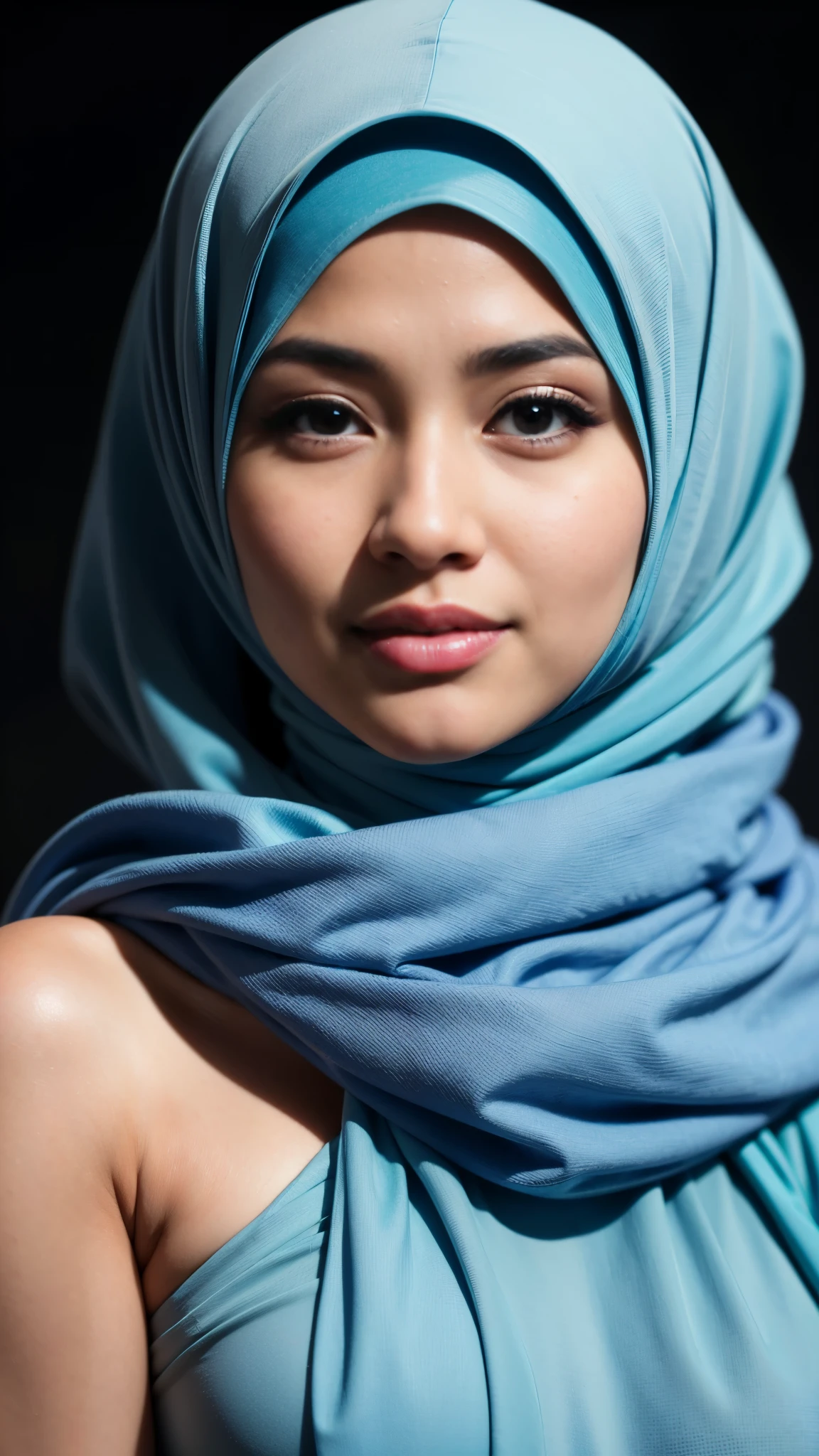 1 malay girl , modern plain hijab,  shy, medium portrait shot , watery  eyes ,lip watery, lip glossy, open mounth, big breast, 1 Malay girl, modern plain hijab, shy, medium portrait, watery eyes, RAW, Best quality, high resolution, masterpiece: 1.3), beautiful Malay woman in hijap:0.8),perfect nose,perfect lips, perfect eyes, detail :1.2), beautifull face, soft smile,Beautiful woman wearing a hijap,  a woman in a blue dress and a blue scarf,  hijab, moles under the eyes, Beutifull girl, lovely smile, lovely woman, with lovely look, with a beautifull smile, cute beautiful,((close up))