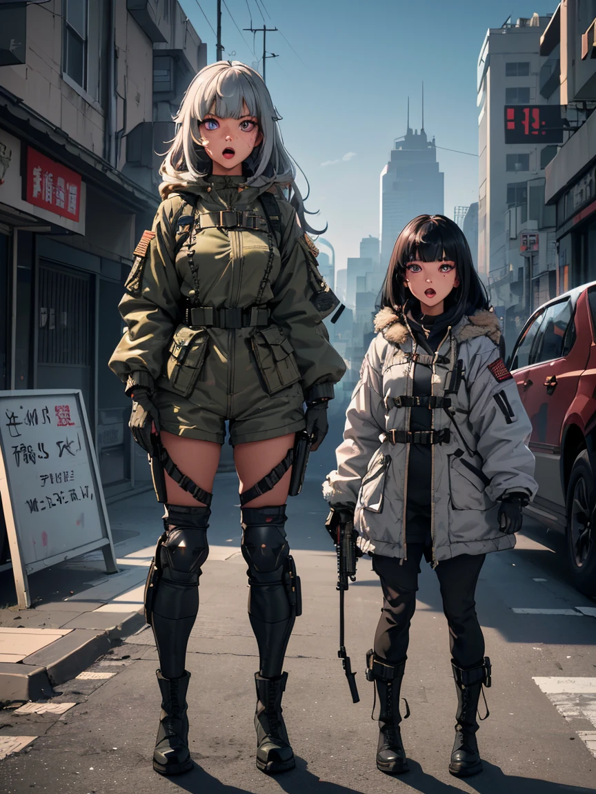 full body, 1a person、Fluttering hair、Beautuful Women、(skin tanned、A detailed face、Detailed facial contours、sharp outline、A detailed eye、Bright pupils、Gradient Eyes:1、finely detailed beautiful eye:1、Symmetrical eyes:1、big highlight on eyes:1.2)、Detailed hair strands、Purple eyes)、abdominals、breasts are medium in size、25-years old、open open mouth、White teeth are visible、Glossy lips、Three-dimensional nose、Three-dimensional lips、(asymmetrical bangs、Long gray hair、short-cut、disheveled hair)、(Army Pants、Military、coat jacket、parka、hand gloves、Army Boots、Tactical Holster、automatic rifle、assault rifle、M16、M4 carbine、HK416、Hold a military rifle、Have a military rifle)、(Fine fingers、detailed arms、detailed human hands)、(in 8K、top-quality、masterpiece、 The ultra -The high-definition、 Top resolution、ighly detailed、 profetional lighting、Near and far law、Post-apocalyptic cyberpunk city、(High dynamic range)、foco nítido:1。4、(Hyper-detailing、finedetail)、