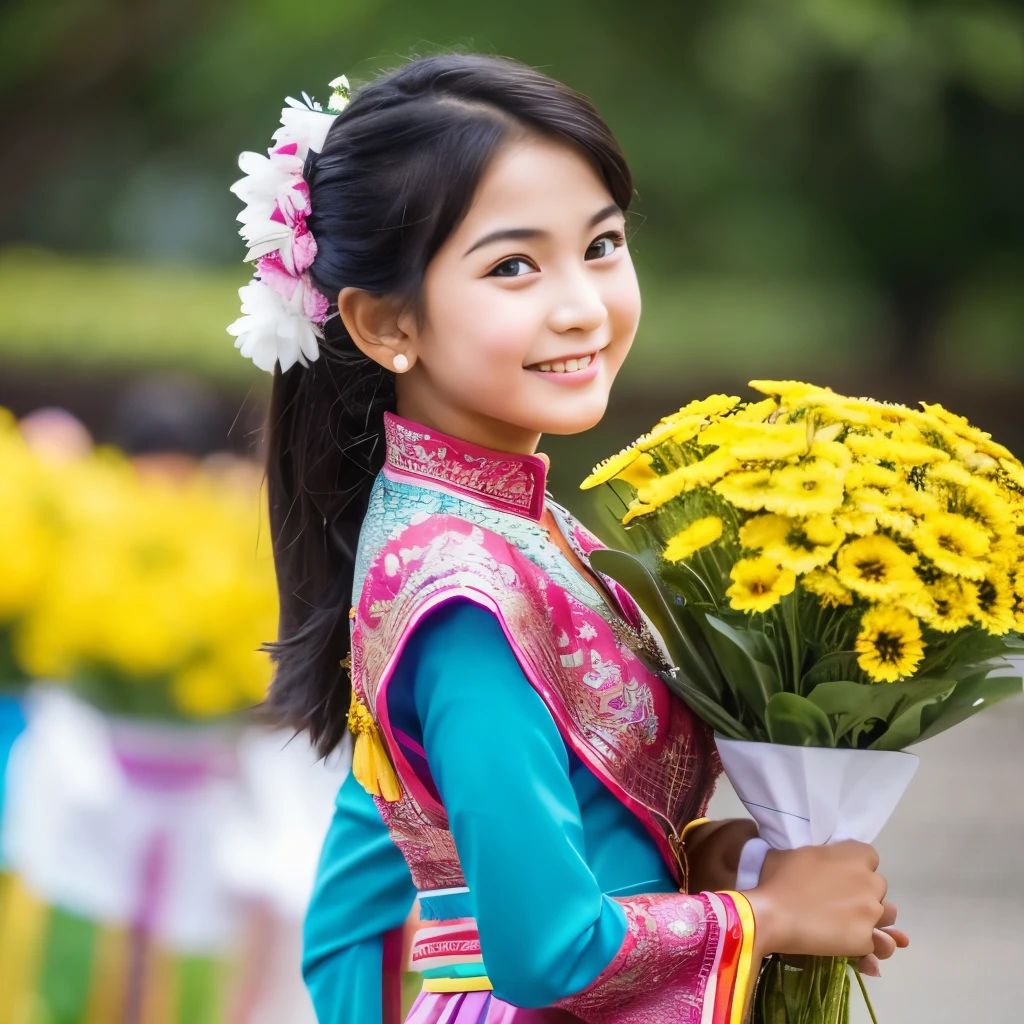A cute Burmese boy was chased by about 10 very handsome and lovely Burmese women. All the girls had colorful bouquets, Holding flowers. All are wearing Burmese costumes.
Ultra detail, HD, Realitic