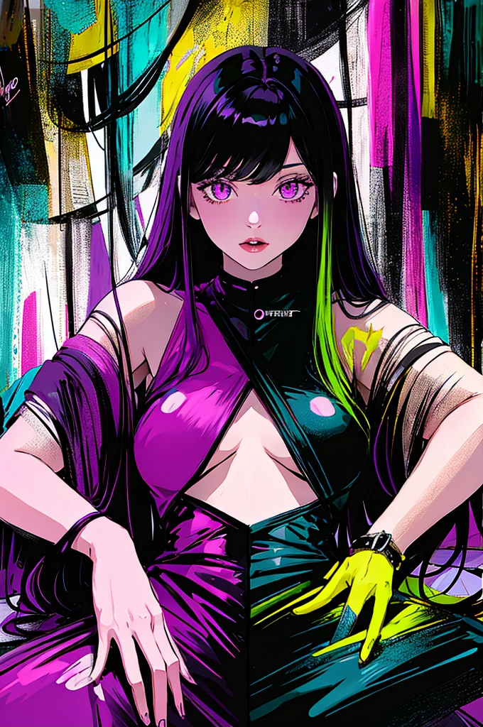 Neo Psycho Girl: A hyper-realistic, ultra-detailed image of a girl with a mystifying aura. Her hair, long and wavy, frames her pale, romantic face, adorned with captivating violet eyes that seem to flicker with electric energy. Her neon-colored outfit fits her like a second skin, revealing a slender figure with sharp curves. Her expressions are unreadable, her gaze piercing, as if her thoughts were impenetrable. She's seated on an abandoned couch in a dimly lit room, surrounded by an array of neon-colored paintings and shattered glass, the scattered remains of her artistic creations. Her skin emits a ne