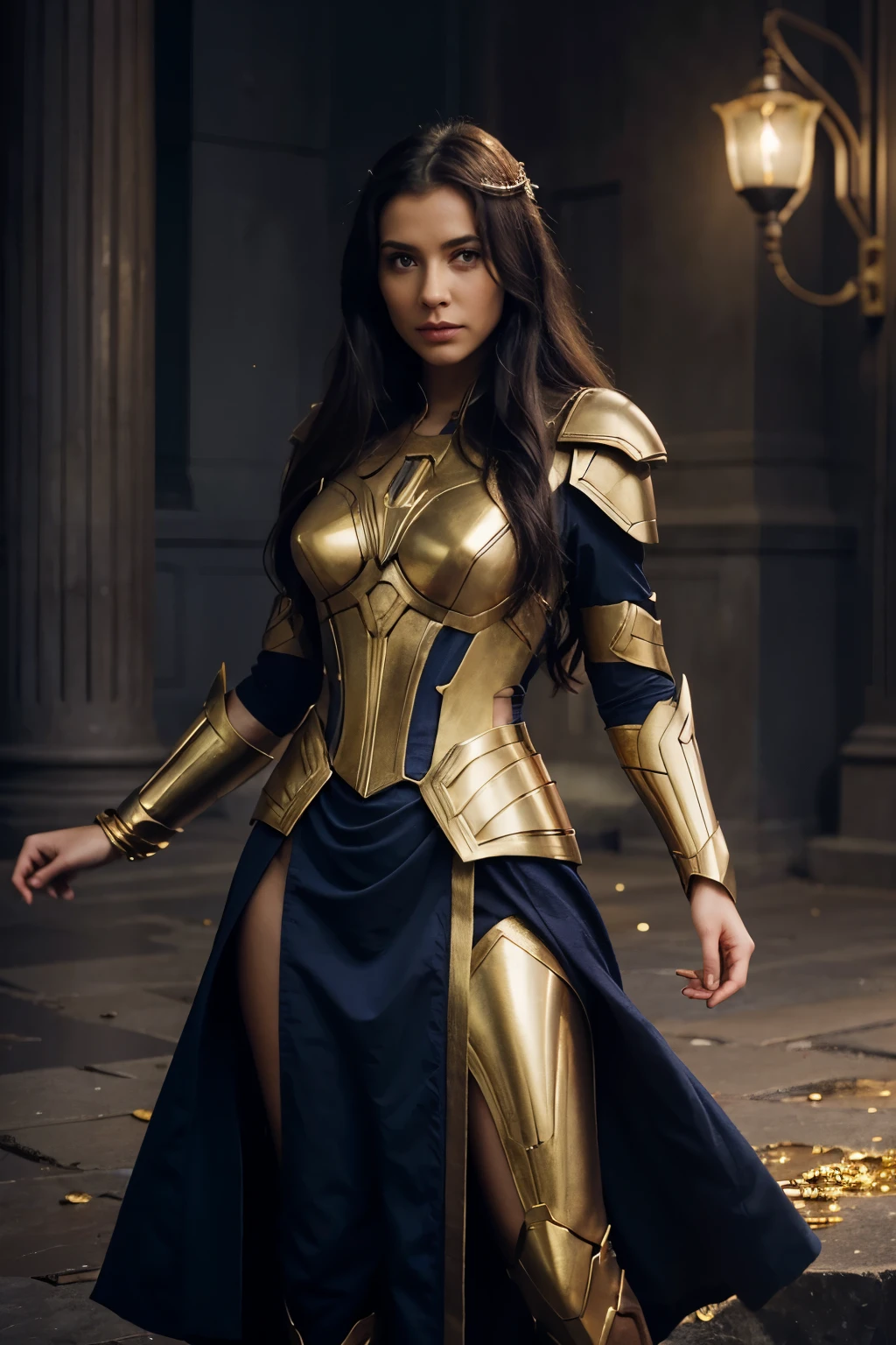 Mujer devastadoramente hermosa, with golden brown hair and sharp blue-gray eyes. She has full lips with defined features and a slim build. She has impeccable posture and is very tall., a menudo descrita como una reina por derecho propio. Guerrera. Valkiria