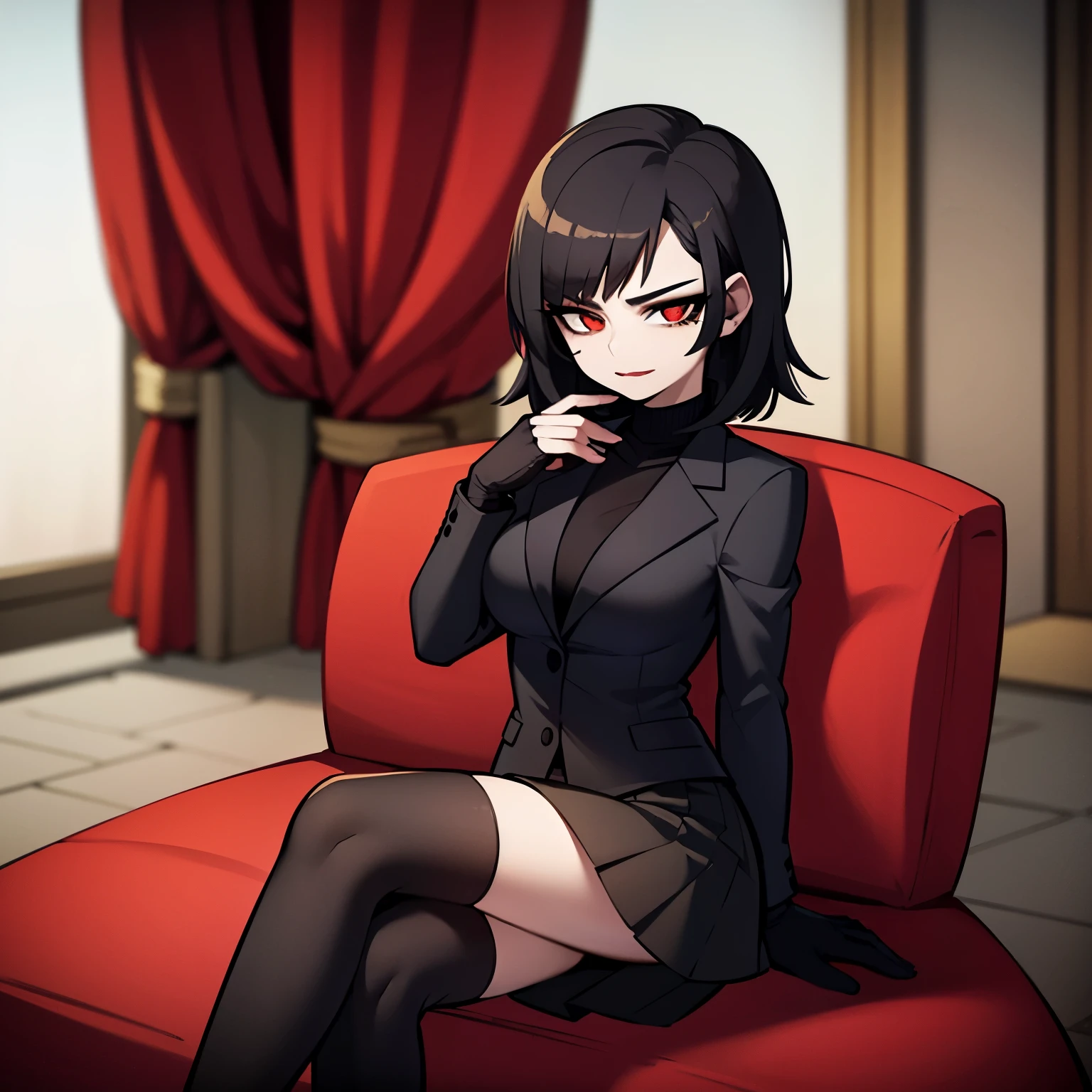 young woman, 28 years old, red eyes, short black hair, black lipstick, wearing a black blazer, a red turtleneck, a black mini-skirt, black gloves, and black high heels, sitting on a sofa in a mansion