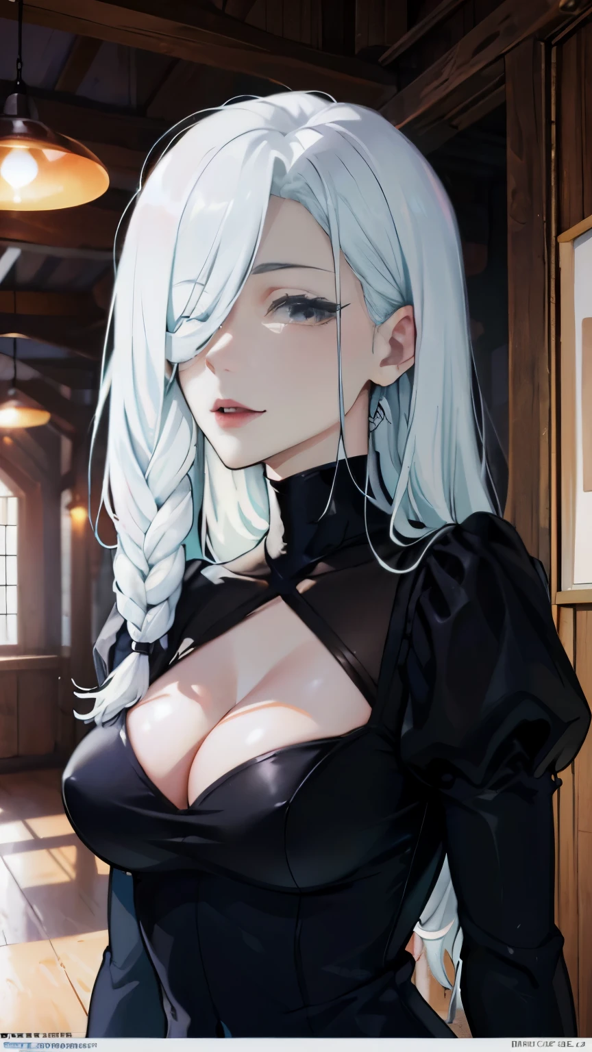 (Masterpiece:1.2, high quality), (pixiv:1.4), (1girl:1.2), (solo:1.2), (smile:0.8), meimeidef, white hair, hair over one eye, brown eyes, (detailwd eyes), dark eyeshadow, eyelashes, (detailed face), pale red lips, make-up, glossy lips, black dress, puffy sleeves, long sleeves, (perfectly round breasts:1.2), cleavage, slim waist, body curves, bent forward, wide hips, ultra-detailed, 4k, 8k, HD, 1080, (absurdres:1.2), vivid colors, aesthetic indoors  intrinsic details, dim lighting,  high contrast, professional photography, wooden temple background, wooden wall, view from below, looking away, looking away from viewer, ((detailed face)), facial details, (symmetrical eyes), ((detailed eyes)), detailed face, eye covered with hair