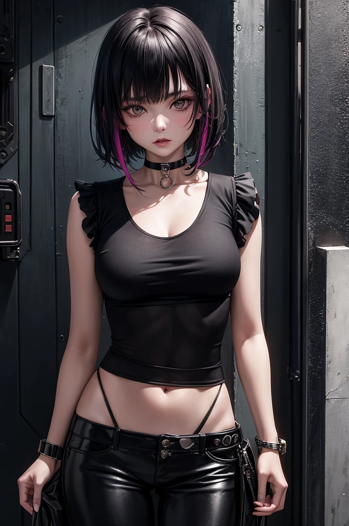 (masterpiece:1.2, Highest quality), (Realistic, photoRealistic:1.4), Beautiful illustrations, (Natural Side Lighting, Cinema Lighting), 
Looking at the audience, Upper Body, (Front view), 1 Girl, Perfect Face, Cute symmetrical face, Shiny skin, Baby Face, Long eyelashes, (Large Breasts), (Wide Hips:1.5),Shortcuts,
Beautiful Hair, Beautiful Face, Fine and beautiful eyes, Beautiful body, Beautiful breasts, Beautiful thighs, Beautiful legs, Beautiful fingers,
(Beautiful views),(Cute Smile:1.3, Upward glance), One girl, alone, ring,(pierce:1.5),(Punk Style:1.5),(Black Lips:1.7),(((Infinite Witch)))