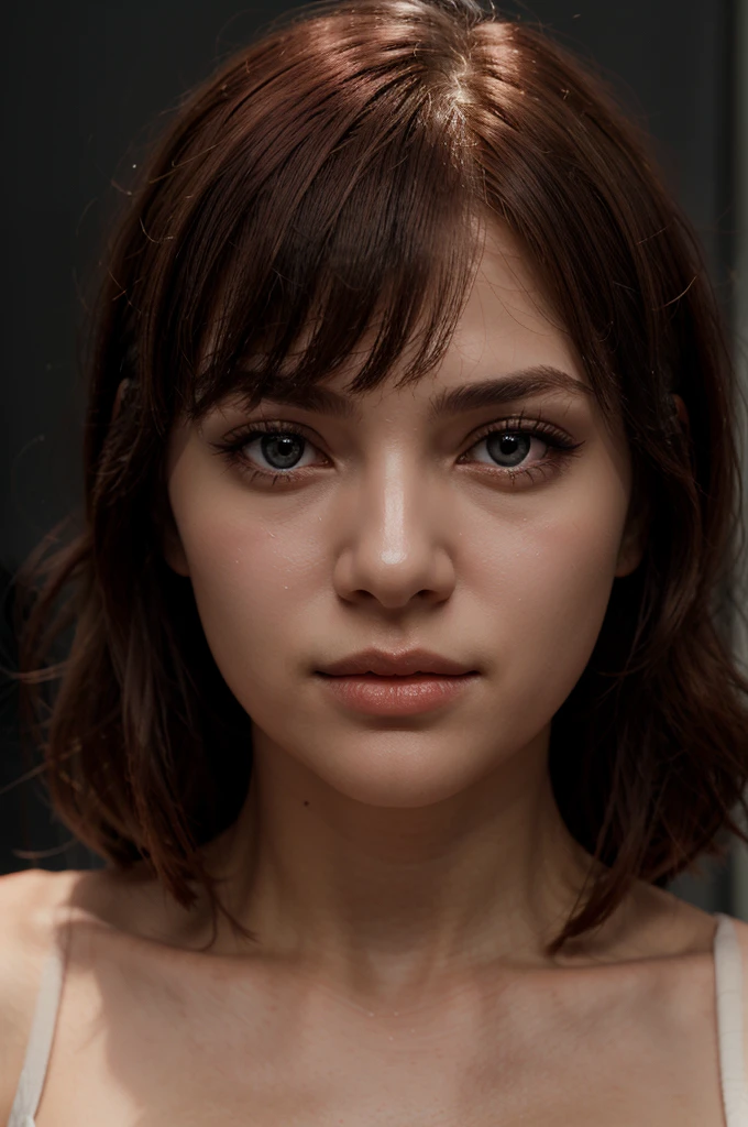 1girl, star eye, blush, perfect illumination, red hair, red eyes, unreal engine, sidelighting, detailed face, bangs, bright skin, simple background, dark background,